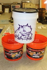 lot 274 image: Lot of 3 Buckets 5 Gallons Each for Shop Car Wash Storage Etc Texas Christian University TCU Horned Frogs Included with Lid