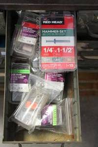 lot 288 image: 9 BagsBoxes of Nails, Tacks, Etc MISC TOOLBOX ITEMS METAL DRAWER NOT INCLUDED