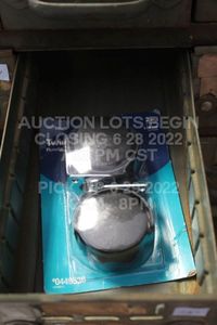 lot 295 image: Twin Wheel Casters Set of 2 MISC TOOLBOX ITEMS Screws, Pins, Tacks, Wood Finish MISC TOOLBOX ITEMS METAL BIN NOT INCLUDED