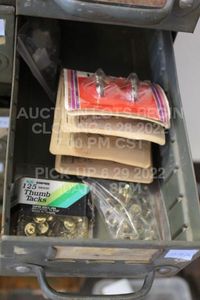 lot 292 image: 9 Packages Tacks, Hangers, Screws ETC MISC TOOLBOX ITEMS  METAL DRAWER NOT INCLUDED