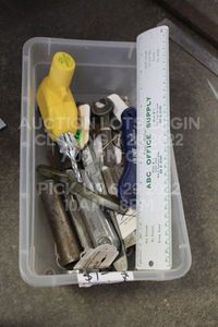 lot 311 image: Bin of Vintage Metal Tools, Wrenches, and MISC TOOLBOX ITEMS Plastic Bin Included