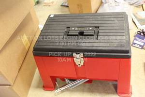 lot 327 image: ULINE Stepstool Red Toolbox, Crack in Bottom