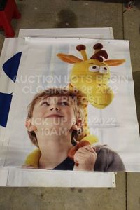 lot 332 image: Toys R Us Banner Poster Little Boy with Geoffery the Giraffe TRU Plush logo 6 3 x 4 Vinyl