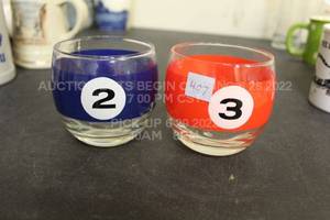 lot 407 image: Billiards 2 and 3 Glasses Whiskey Rocks Old Fashioned Scotch Glassses Barware 60s Mad Men Midcentury Glassware