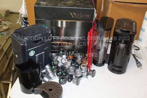 lot 424 image: Starbucks Verismo System with 6- Decaf Pods, Starbucks Bag, and Verismo Frother Untested with Box