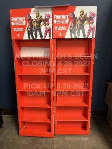lot 81 image: Lot of Two Fortnite Battle Royale Retail Display Unit Shelf with 6 Shelves for Fortnite Video Game Product No Physical Toys Included, Display Only, Roughly 60 x 18 x 15