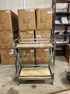 lot 3 image: Silver Bar Cart Tall 28 x 16.5 36 on Wheels with Wood Shelves Medical Cart Style Mid Century Modern - One Bar Cart - Already Assembled