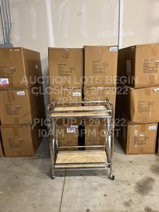 lot 342 image: Lot of 6, Silver Bar Cart Tall 28 x 16.5 36 on Wheels with Wood Shelves Medical Cart Style Mid Centry Modern Rolling on Wheels -  SIX BAR CARTS TOTAL - Assembly Required (15 min)