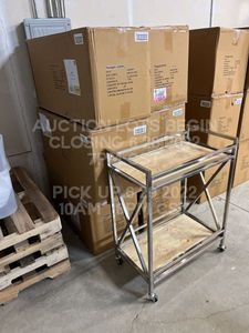 lot 343 image: Lot of 6, Silver Bar Cart Tall 28 x 16.5 36 on Wheels with Wood Shelves Medical Cart Style Mid Centry Modern Rolling on Wheels -  SIX BAR CARTS TOTAL - Assembly Required (15 min)
