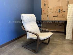 lot 13 image: Designer Wood Chair with Cushion Comfy Armchair with Back Support, Dark Brown Wood, Light Cushion