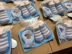 lot 449 image: Lot of 26 Baby Sock Shoes  Mittens for Baby Infant Newborn Boy, Blue and White, Brand New Deadstock Retail Product