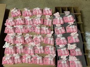 lot 371 image: Lot of 36 Baby Sock Shoes  Mittens for Baby Newborn Infant Girl, Pink and White, Brand New Deadstock Retail Product