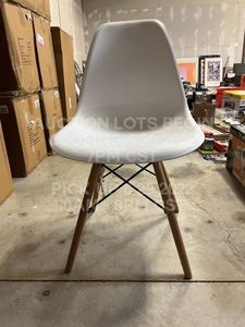lot 278 image: 1 White Designer Chair, Upper Plastic Molded, Lower Wooden Legs, Metal Wire Frame, One Leg Missing Seat Bolt