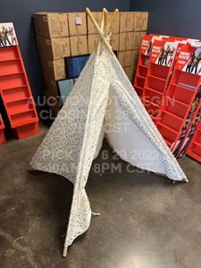 lot 504 image: Lot of 2 Retail Display Childrens Reading Tent Teepees and Extra Tent Carry  Storage Bags, 1 Blue, 1 White, Used Condition with Retail Shelf Wear from Display