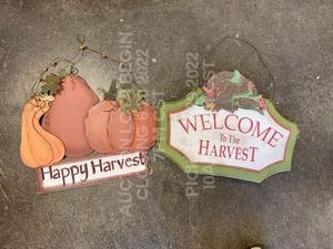 lot 242 image: Set of 2 Fall Happy Harvest Welcome Harvest Pumpkin Front Door Yard Art Hanging Signs