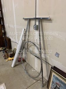 lot 275 image: Metal O Ring Clothing Display Stand Adjustable Height Shelf Storage Garage Sale Sales Yard Closet Silver Swap Meet Hangers