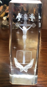 lot 67 image: Vintage Russian Made Glass Prism Cube Containing Praying Hands, Angels and Stars Embedded in the Glass 5.5x 2x 2