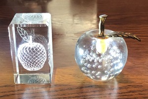 lot 69 image: Vintage Unique Glass Prism Cube Embedded wApple &amp Bubbled Glass Apple