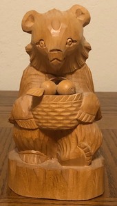 lot 109 image: Russian Made in Moscow 1995 Wooden Handcrafted Bear wBasket of Apples 7.5x 4x 3.5 Signed and Personalized by Artist