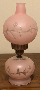 lot 111 image: Vintage Pink Glass and Brass Table Lamp wFloral Design 15.5