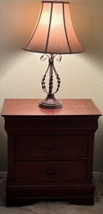 lot 158 image: 27x 26x 16 Wood 2 Drawer Nightstand wDecorative Metal Lamp