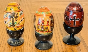 lot 166 image: 3 Original Hand-Painted Beautiful Russian Egg wCrosses - Stands Not Included