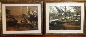 lot 240 image: Lot of 2 Vintage Lionel Barrymore Framed Gold Foil Etchings - 10x8 - Point Pleasant &amp Purdys Basin Signed