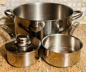 lot 293 image: 3 Piece Nortinox 3 Ply Stainless Steel Stock Pot 11.5, 6, and 5 wLid