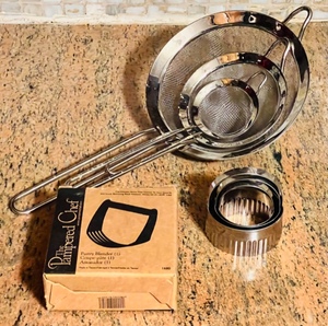 lot 294 image: Stainless Steel 3 Piece Strainers  3 Piece Cookie Cutter  Pampered Chef Pastry Blender