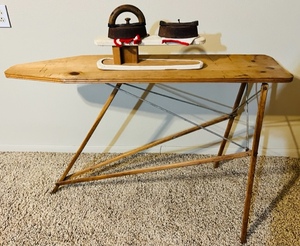 lot 13 image: VINTAGE SOLID WOOD IRONING BOARDSLEEVE IRONING BOARD &amp 2 ANTIQUE COLEBROOKDALE IRON CO. IRONS