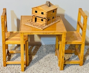 lot 14 image: 20x 20x 20 WOODEN CHILDRENS TABLE w2 CHAIRS &amp HAND CRAFTED 2 STORY LOG HOME wSTONE CHIMNEY &amp REMOVABLE 2ND FLOOR