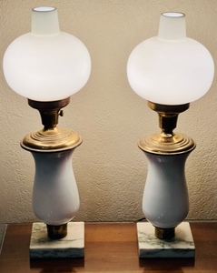 lot 17 image: TWO 20.5 VINTAGE WHITE GLASS &amp BRASS LAMPS on MARBLE BASE