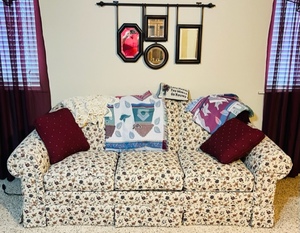lot 19 image: LIKE NEW 87x 38x 36 FLORAL PATTERN COUCH DECORATIVE 4 MIRROR SET HANGING ALONG wCONTENTS