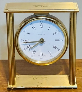 lot 22 image: RARE LARGE 10 TIFFANY &amp CO. HEAVY BRASS SWISS MADE MATEL CLOCK - RETIREMENT GIFT FROM MERIDIAN OIL