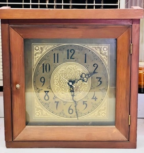 lot 38 image: 12.5x 14x 3.5 HAND-CRAFTED WOODEN HANGINGMANTEL CLOCK