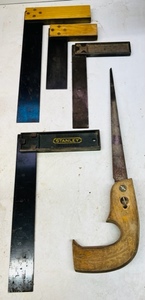 lot 150 image: 4 WOOD SQUARES wVINTAGE WOOD HAND SAW