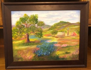 lot 160 image: 29x 23 WATER COLOR PICTURE OF BLUEBONNETS &amp FARM LAND