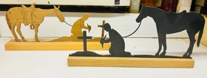 lot 214 image: TWO 11x 5 HAND-CRAFTED COWBOYS and HORSES KNEELING BEFORE CROSS