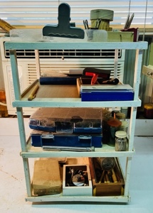 lot 227 image: BENCHTOP ORGANIZING SHELVES wCONTENTS - 16x 10.5x 10.5