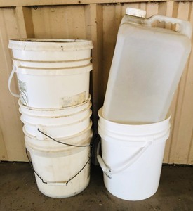lot 270 image: FOUR 5 GALLON WHITE BUCKETS w5 GALLON DRINKING CONTAINER
