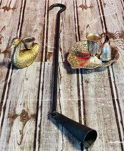 lot 237 image: VINTAGE BRASS DUCK CANDLE STICK HOLDER  STAINLESS STEEL ORNATE CANDLE HOLDER wSNUFFER &amp HANGING METAL CANDLE SNUFFER
