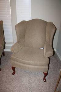 lot 7 image: Upholstered Queen Anne Arm Chair burgundy, green and tan striped colors