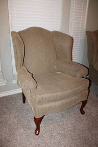 lot 8 image: Upholstered Queen Anne Arm Chair burgundy, green and tan striped colors