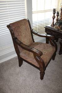 lot 38 image: Upholstered Arm Chair with Ornate Carvings, Ashley Furniture Tag, matches Lot 38