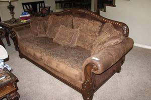 lot 45 image: Ashley Furniture Couch (75W x 33 D x 34 Tall) with mix of velvet, faux leather and paisley upholstery, includes decorative pillows