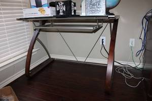 lot 62 image: Glass top Desk and keyboard drawer with wooden base, contents not included