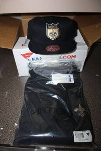 lot 87 image: NFL Saints Lot Antigua Crew Mens Sweater XL, and Mitchell & Ness Ball Cap never used
