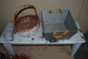 lot 90 image: Wooden Outside PatioWork Bench, Metal Bin and Basket