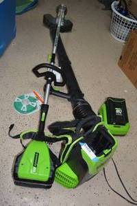 lot 122 image: Greenworks Pro Cordless Backpack Leaf Blower and Weed Trimmer with battery&charger