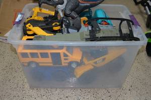 lot 121 image: Tub of Toys Trucks, Dinosaur and more, Tub not Included (Please bring your own)